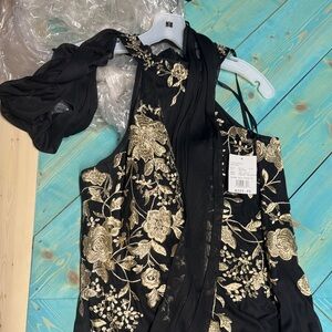 David's Bridal Black Dress with Gold Embroidery